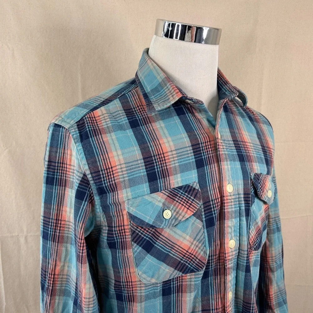 J. Crew Medium Heavyweight Flannel Shirt Blue Orange Plaid 100% Cotton Mens